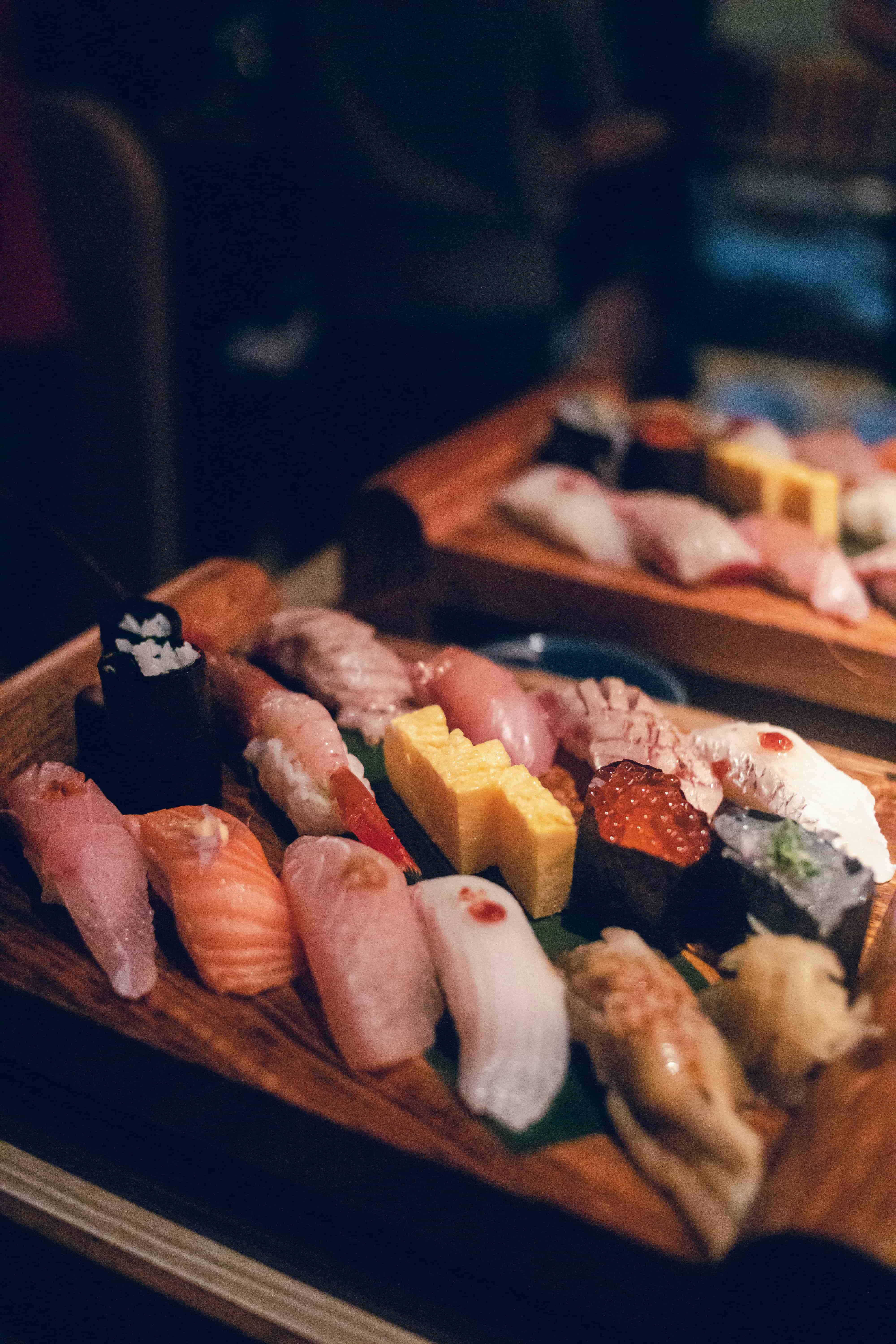 Assorted nigiri and seared salmon platters